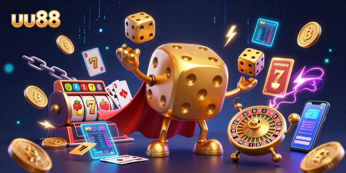 Experience the thrill of uu88 with a vibrant 3D casino illustration of a cheerful golden dice golem.
