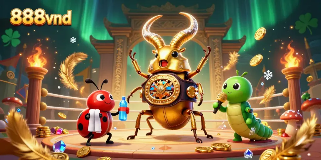 Experience the thrill of online gambling with 888vnd, a vibrant 3D illustration featuring a boxing stag beetle.