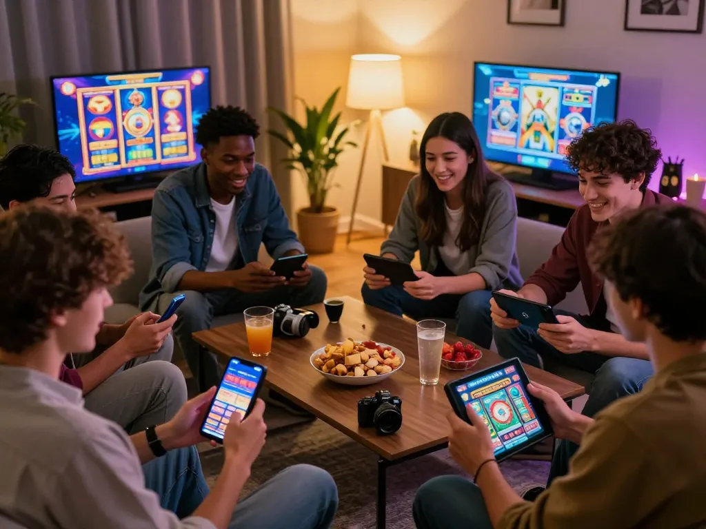 situs slot gacor players enjoying online gaming experience in a cozy living room setting