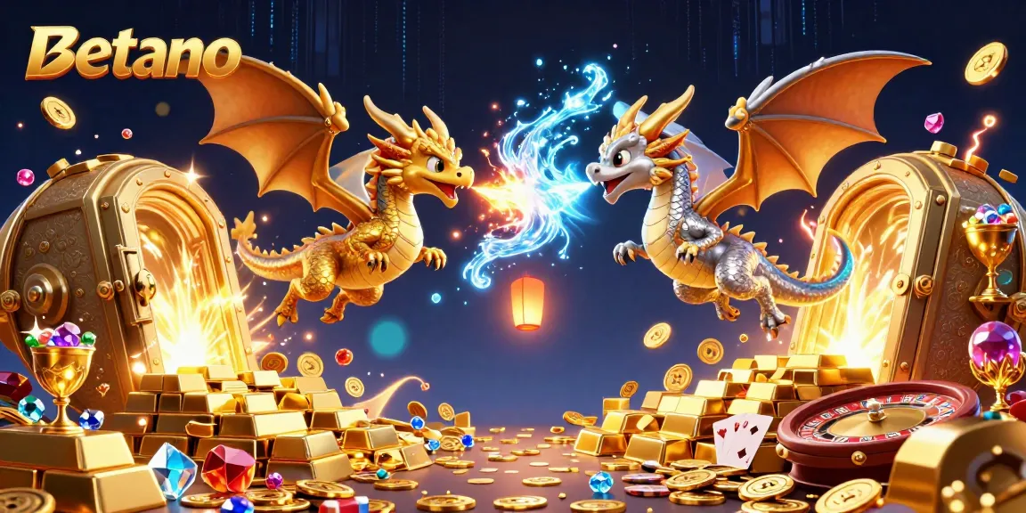 Betano features twin 3D cartoon dragons amidst treasures and casino elements, creating a dynamic gambling atmosphere.