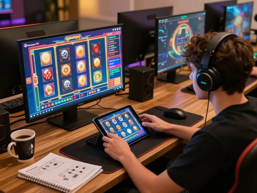 Player enjoying slots not on gamstop on tablet, showcasing a vibrant online gaming setup