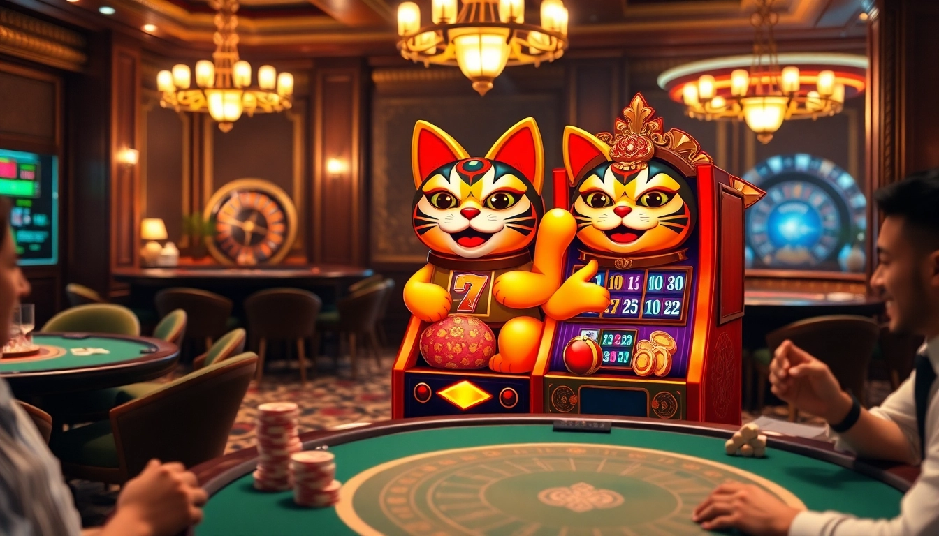 Gambling excitement with the Lucky Neko PG Soft แมวนำโชค slot machine in a vibrant casino setting.
