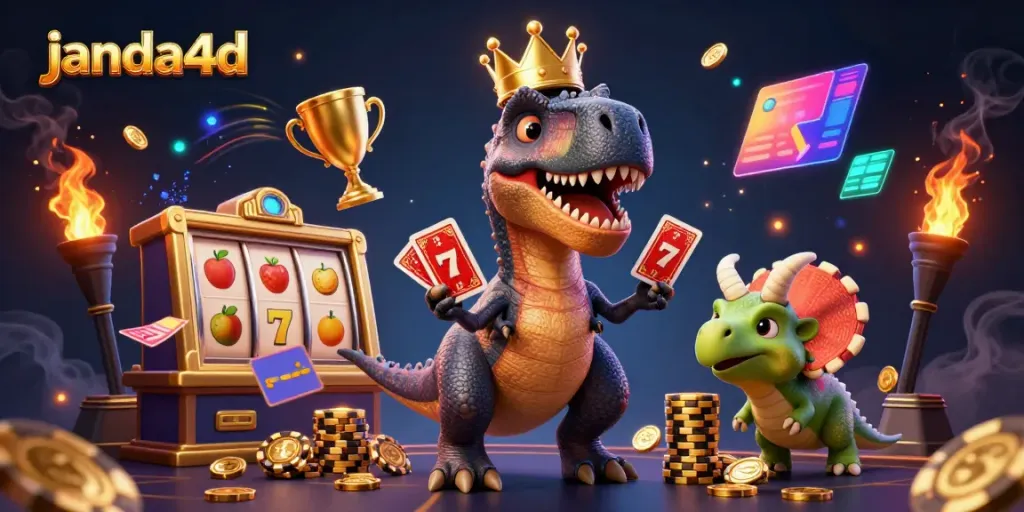 Permainan janda4d: T-Rex bersaing dengan dealer sambil bermain slot dan menyusun chip emas.