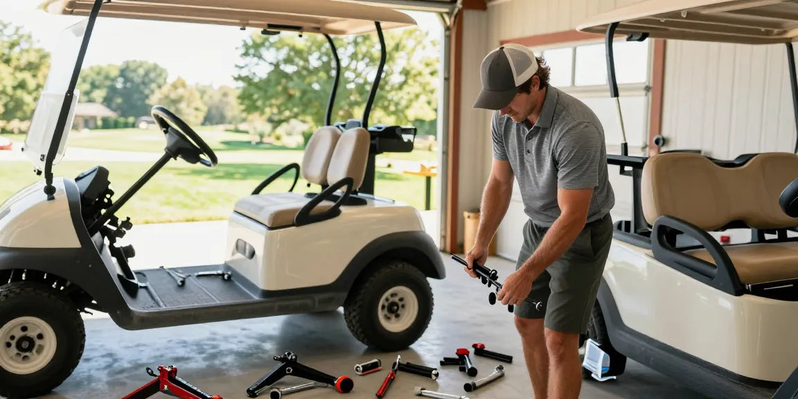 Installing a golf cart lift kit in a well-lit garage, showcasing tools and focused craftsmanship.
