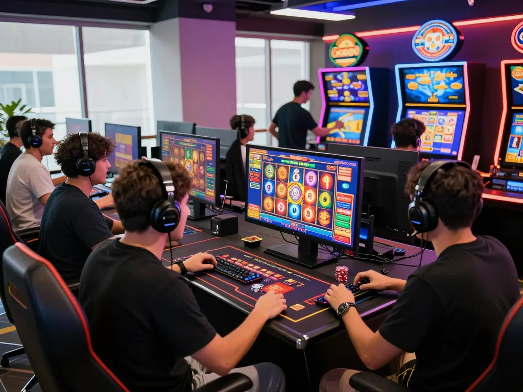 Sesi permainan virtual menarik slot online gacor dengan pemain bersorak, layar terang, dan suasana mendalam.