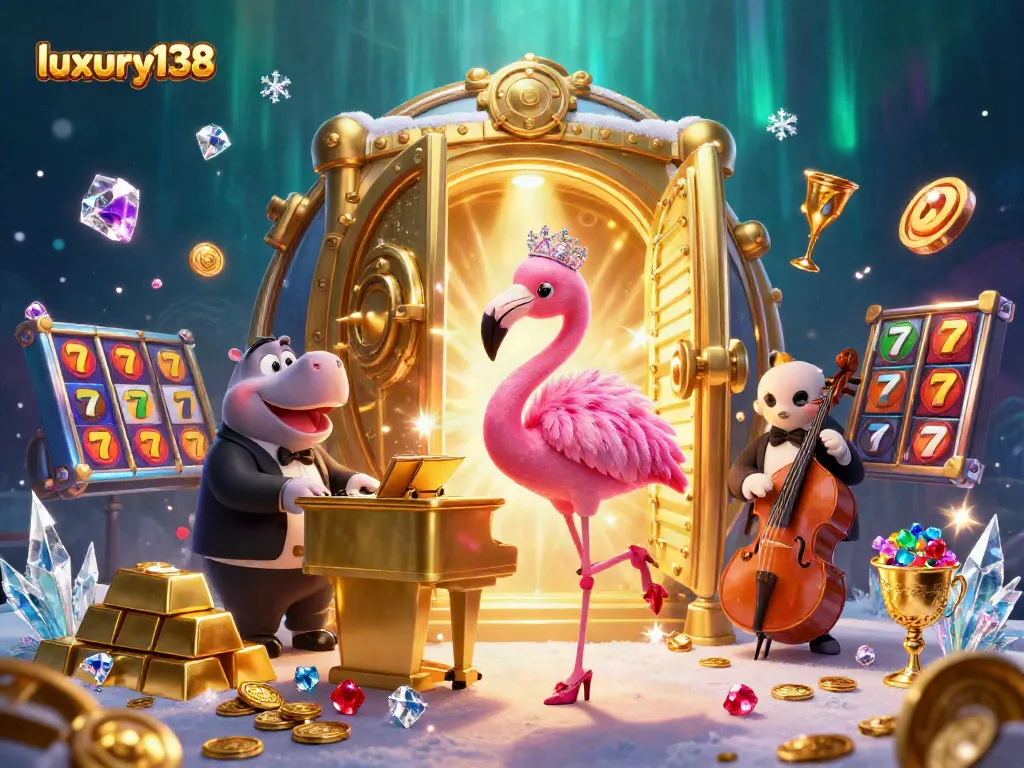 luxury138 offers stunning visuals of casino fun with a vibrant flamingo singer and hippo bassist.