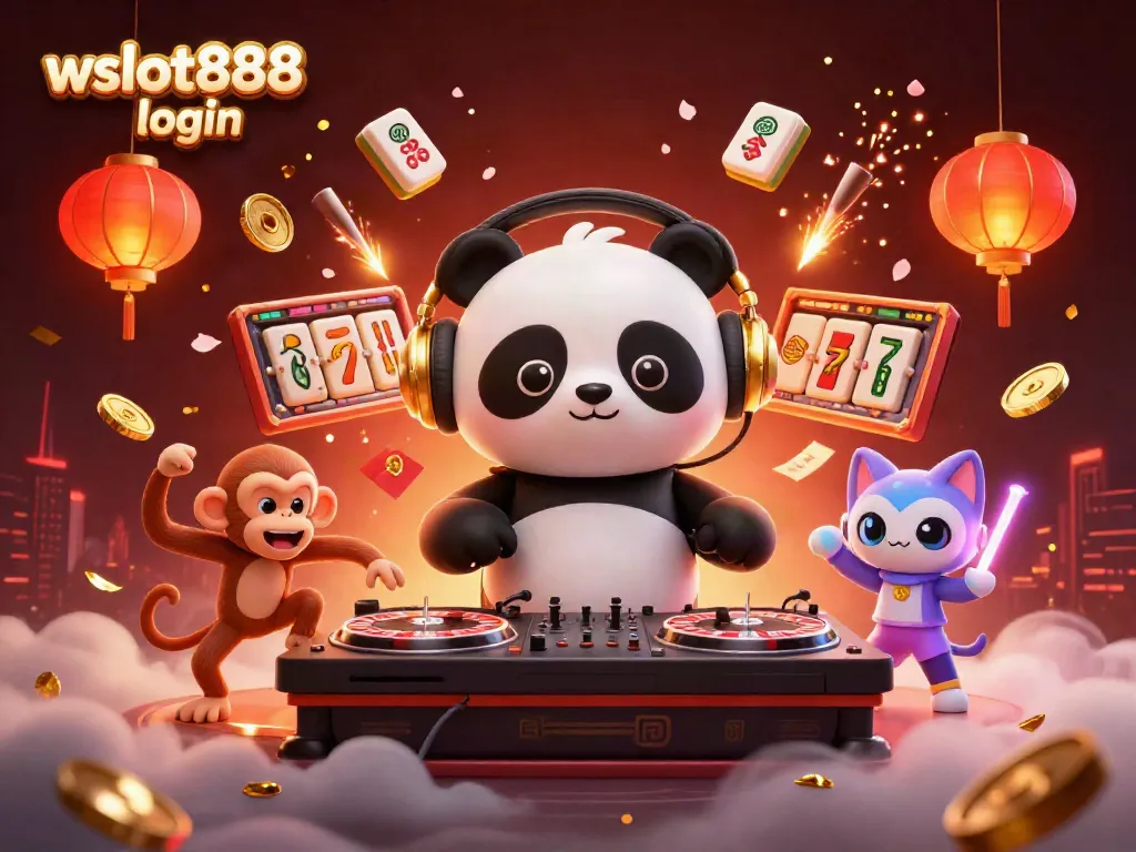 Grafik menarik tentang wslot888 login dengan panda DJ dan elemen jackpot