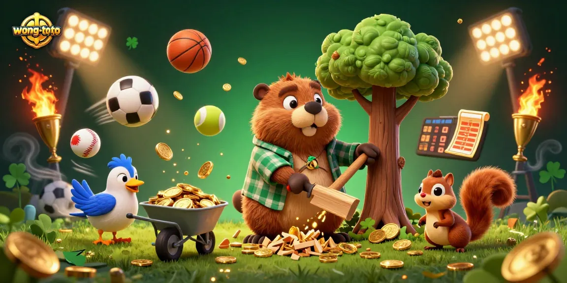 wong-toto exciting scene of a beaver gathering coins while sports elements fly around