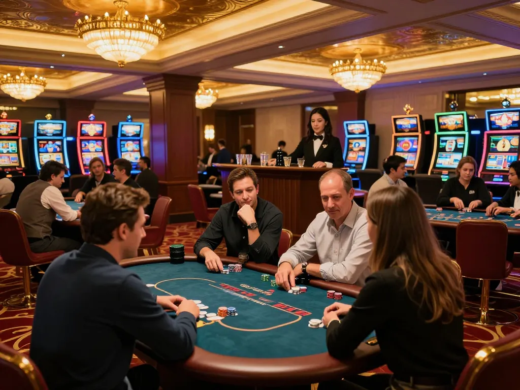 Players strategizing at a poker table in a luxurious casino, showcasing casinosscope gameplay.