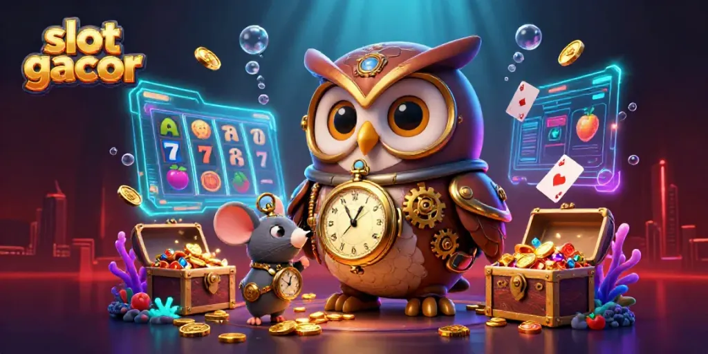 Experience the thrill of slot gacor with cartoon characters surrounded by vibrant casino elements.
