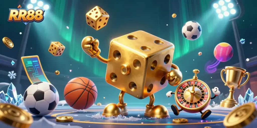RR88 showcases vibrant 3D characters in a lively casino scene featuring dynamic game elements.
