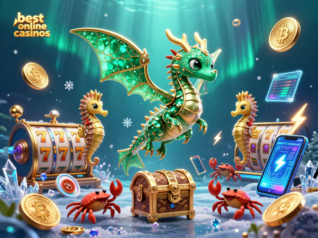 Explore the best online casinos with vibrant 3D illustration of slot machines and crypto elements.