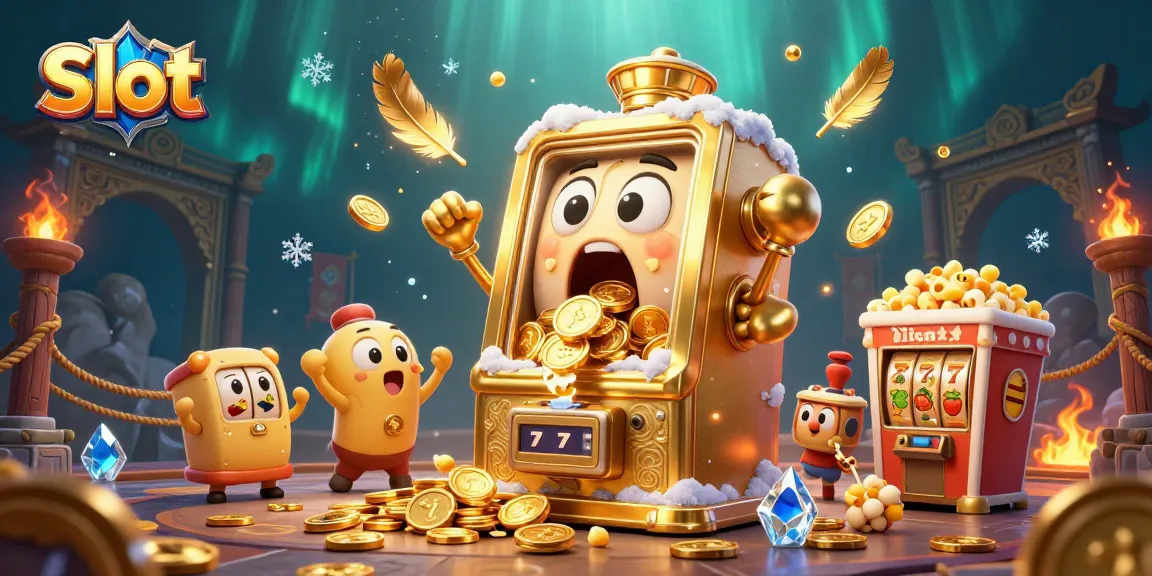 Slot machine hits jackpot, revealing coins as baby machines cheer in a vibrant, detailed casino scene.