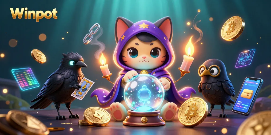 Winpot features a mystic cat fortune teller, glowing tarot raven, and vibrant crypto elements in a lively casino scene.