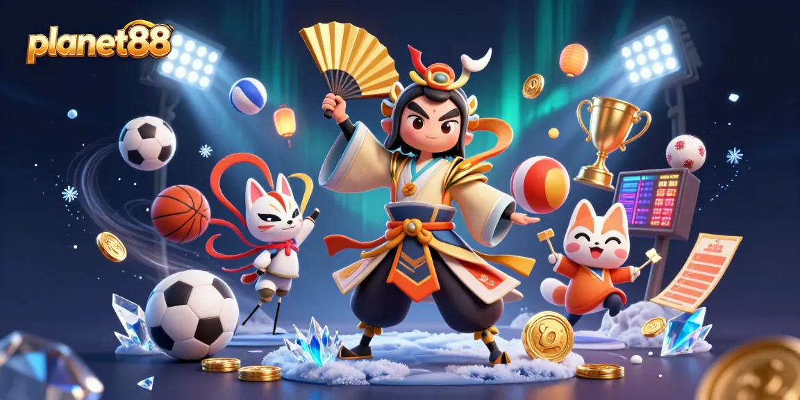 Win big at planet88 with an energetic scene featuring sports elements and traditional characters.