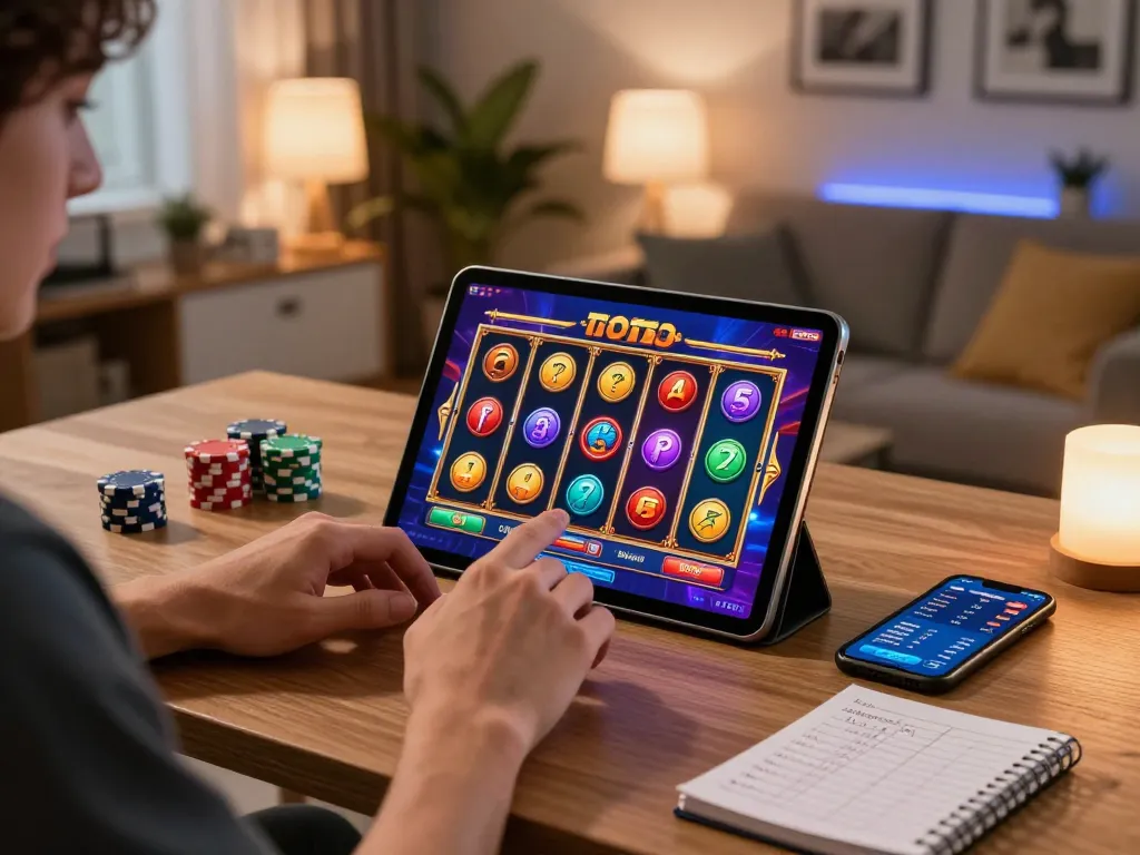 Engaged player spinning the reels on a toto slot game on tablet, showcasing a vibrant home gaming atmosphere.