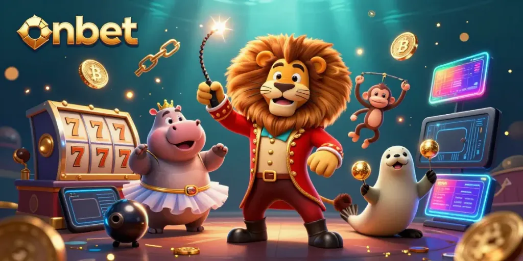 Experience the excitement of onbet with a jovial circus scene filled with magical elements and gaming motifs.