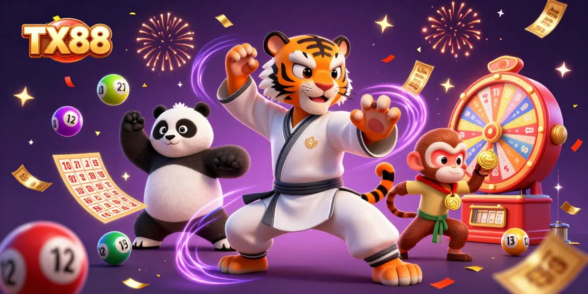 Engage with TX88's vibrant gaming atmosphere featuring a kung fu tiger and fun lottery elements!