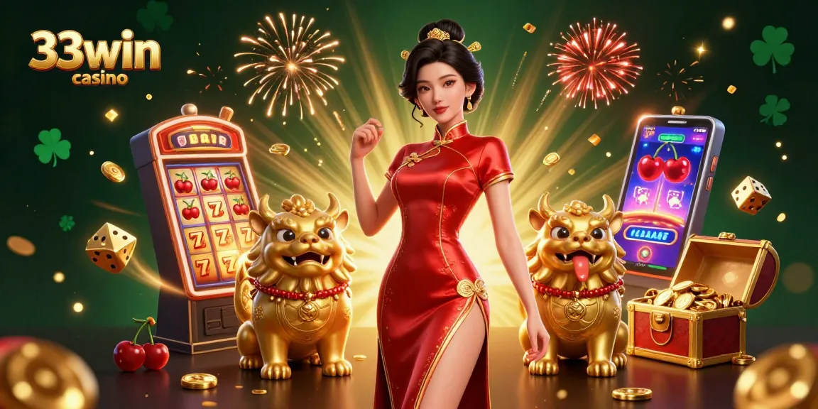 Experience the excitement of 33win casino with a glamorous woman, dazzling slot machine, and vibrant casino elements.