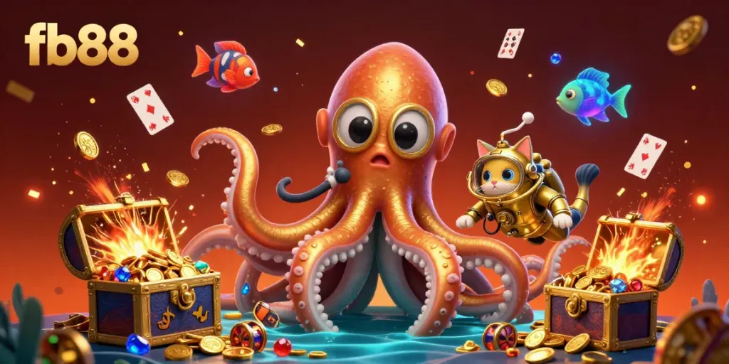 Engage with thrilling moments at fb88, showcasing a kolossal kraken and vibrant treasure-filled casino scene.