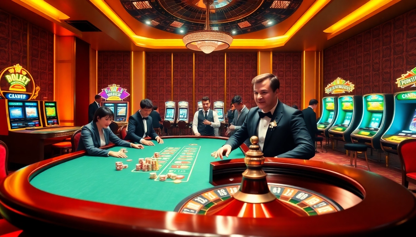Experience the thrill of gambling at LC88 with vibrant casino games and players enjoying high-stakes action.