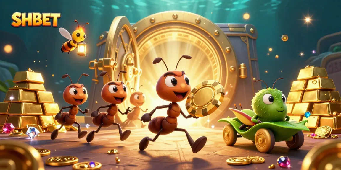 SHBET ant team heisting golden poker chip in a dynamic online casino adventure scene.