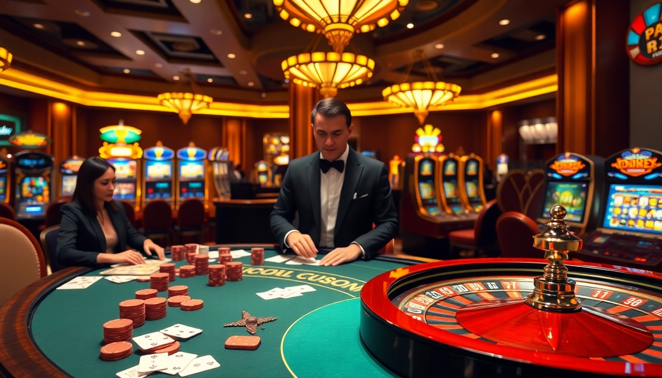 Engaging players at the LC88 poker table with chips and cards in a luxurious casino.