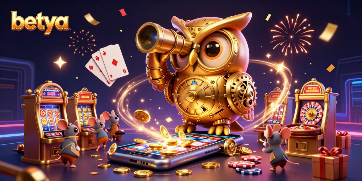Betya showcases a 3D cartoon clockwork owl engaging with vibrant casino elements on a dynamic gaming floor.