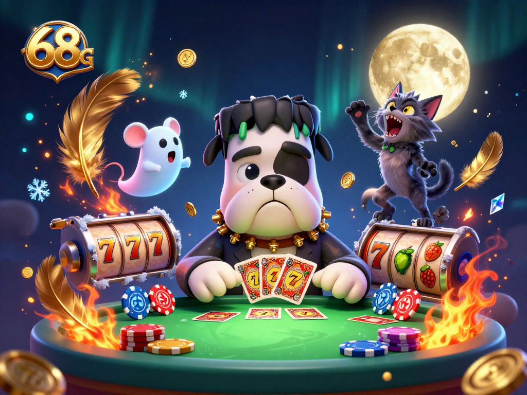 Jogando cartas no cassino com 68G, um cão monstro e um gato lobisomem em cena vibrante.