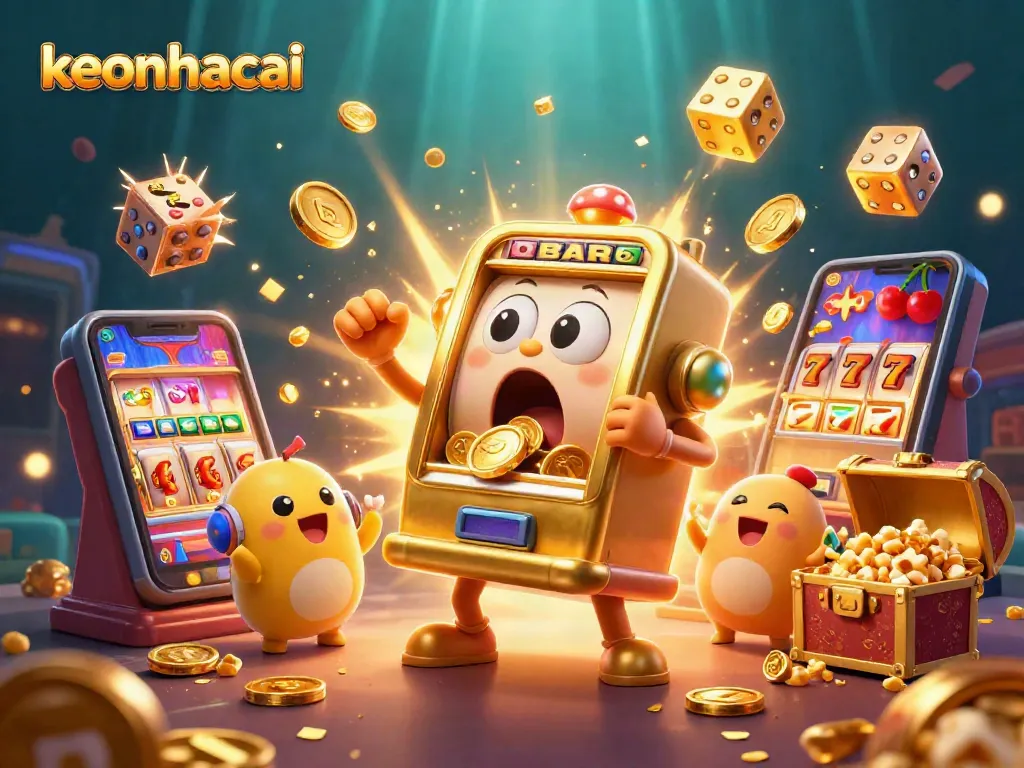 Experience keonhacai excitement as a golden slot machine hits a jackpot with cheering baby machines.