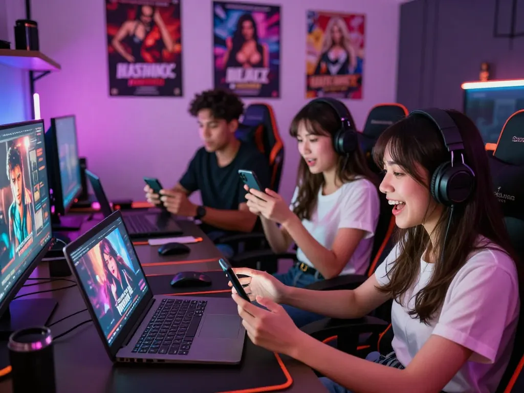 Engaged players enjoying a sex game on multiple devices in a vibrant gaming room atmosphere.