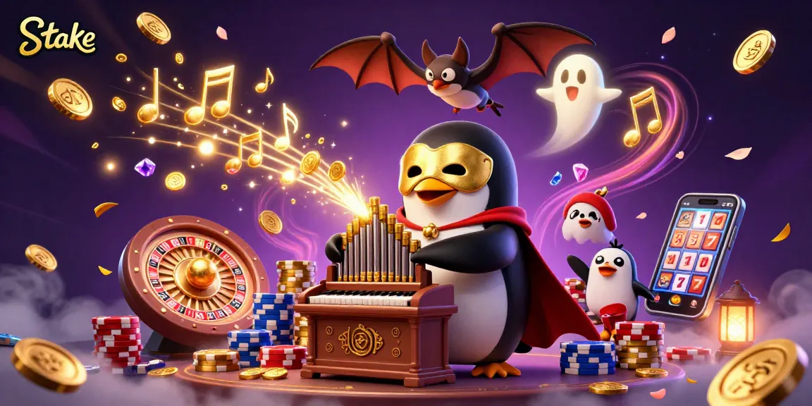 Experience the excitement of Stake with a vibrant illustration of casino action featuring a penguin and a bat.