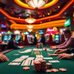 Engaging Blackjack Casino game scene with players at a vibrant table and colorful casino ambiance