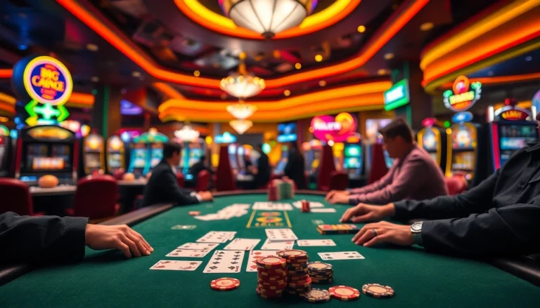 Engaging Blackjack Casino game scene with players at a vibrant table and colorful casino ambiance