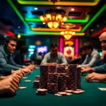 Engaged players in a thrilling poker game showcasing intense competition and strategy.