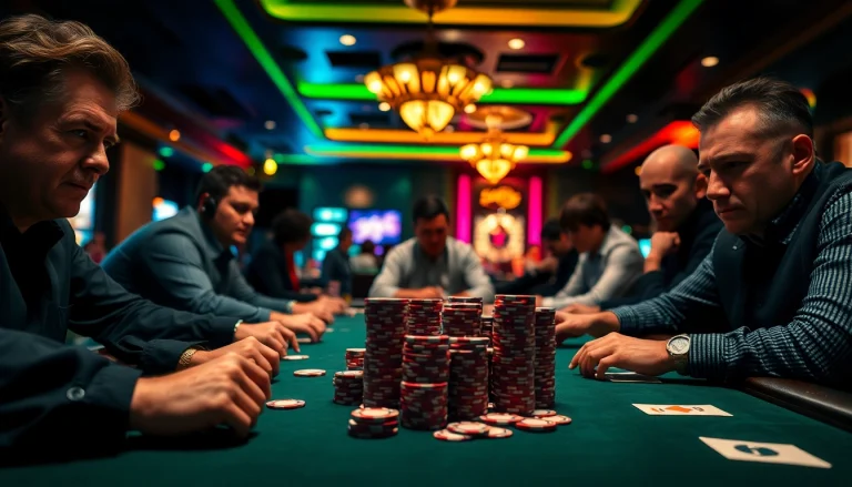 Engaged players in a thrilling poker game showcasing intense competition and strategy.