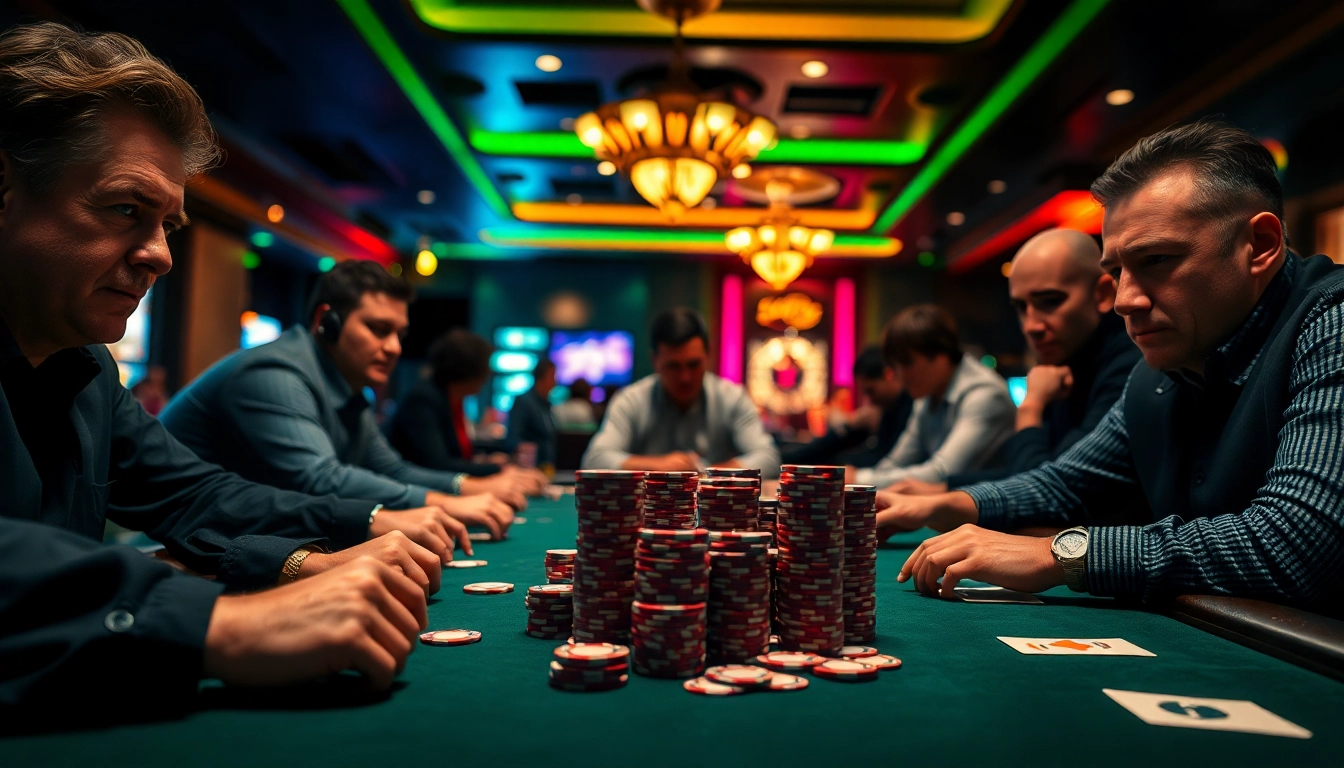 Engaged players in a thrilling poker game showcasing intense competition and strategy.