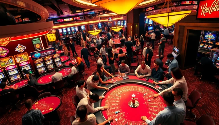 Casino players enjoying the excitement of a vibrant gaming floor with lively roulette tables.