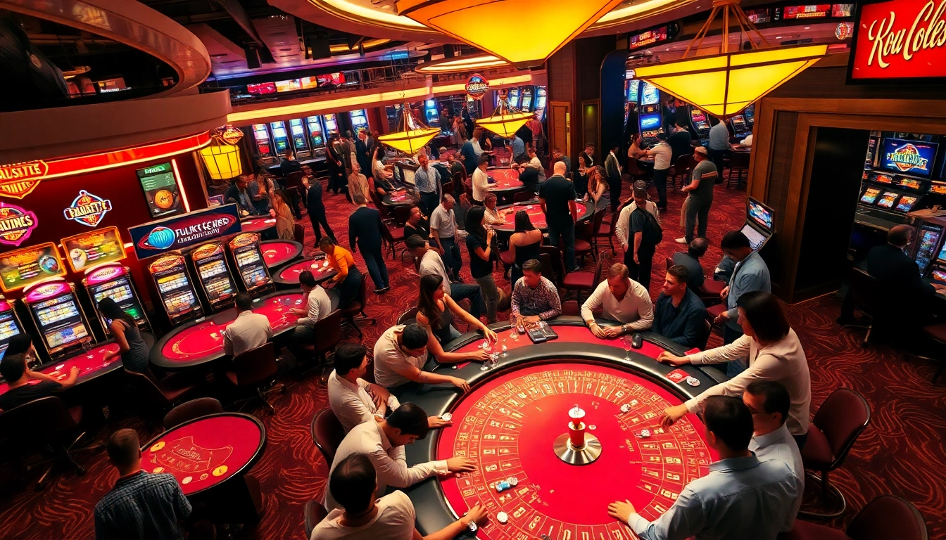 Casino players enjoying the excitement of a vibrant gaming floor with lively roulette tables.
