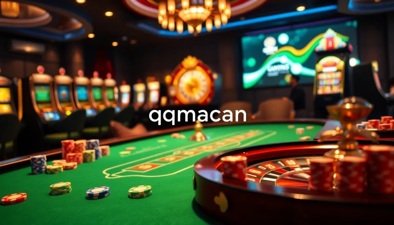 Experience the excitement of qqmacan at a vibrant casino table with colorful chips and slot machines.