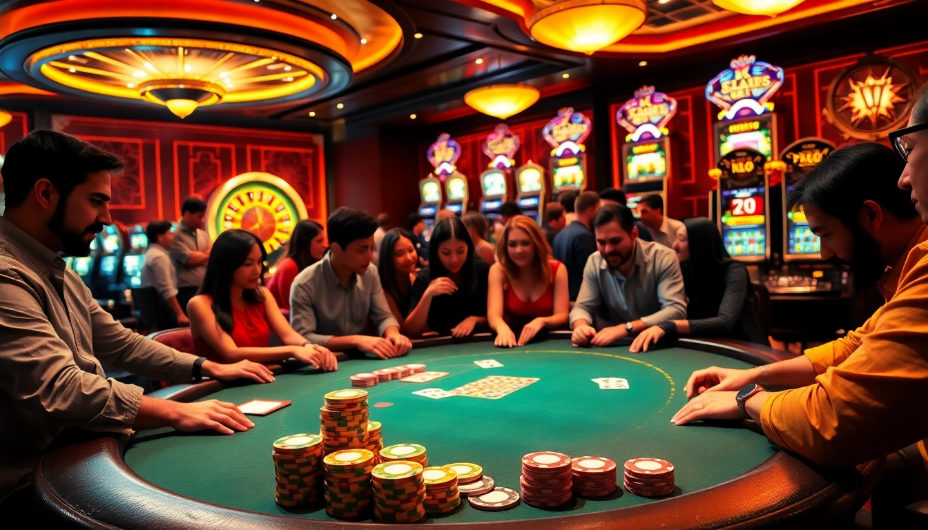 Engaged players at a KJC-themed poker table, surrounded by vibrant casino elements like chips and cards.
