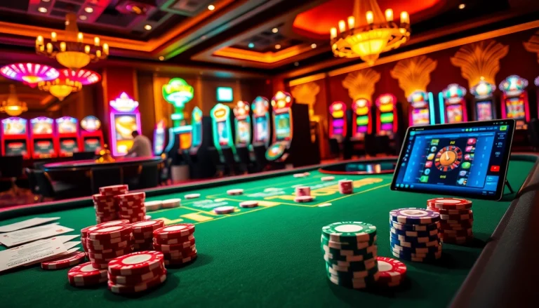 Engage in thrilling gambling at pahala4d with vibrant poker chips and a roulette wheel.