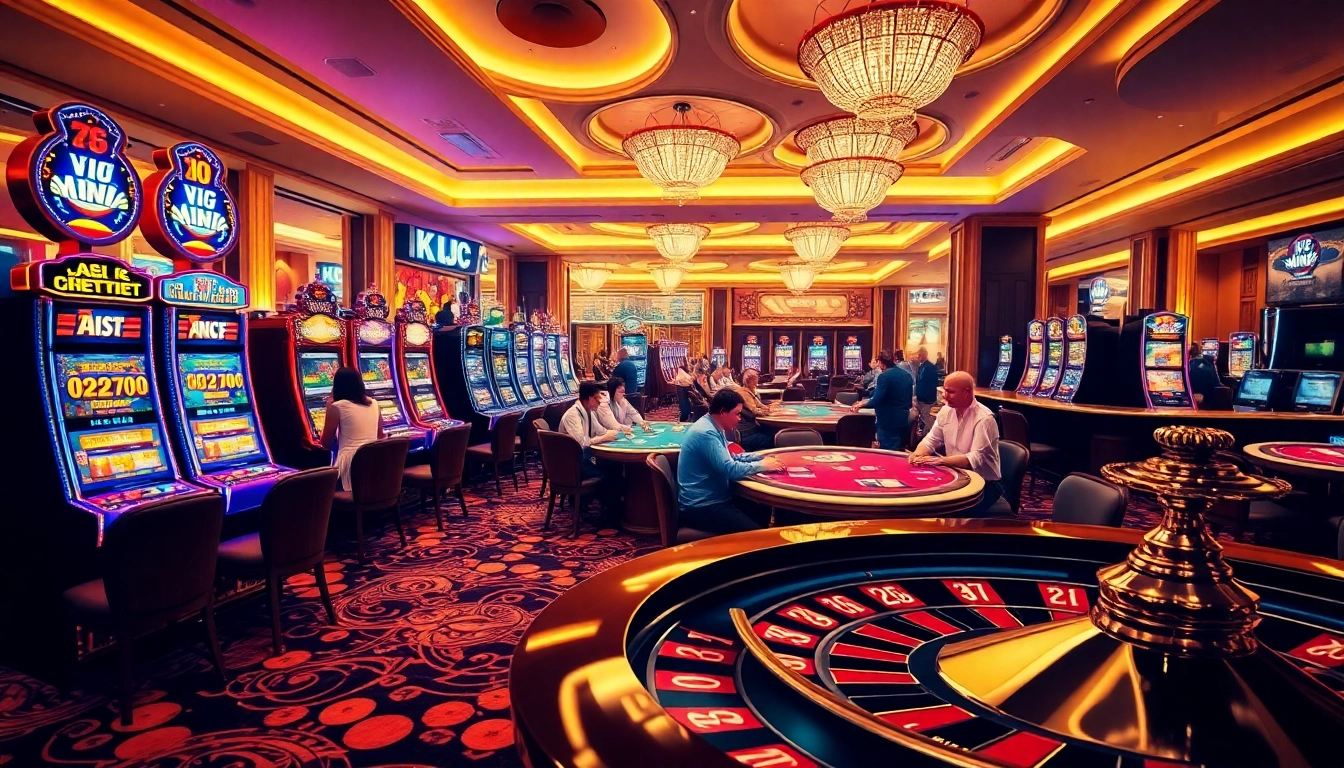 Exciting casino scene with players at tables and slot machines featuring KJC branding.
