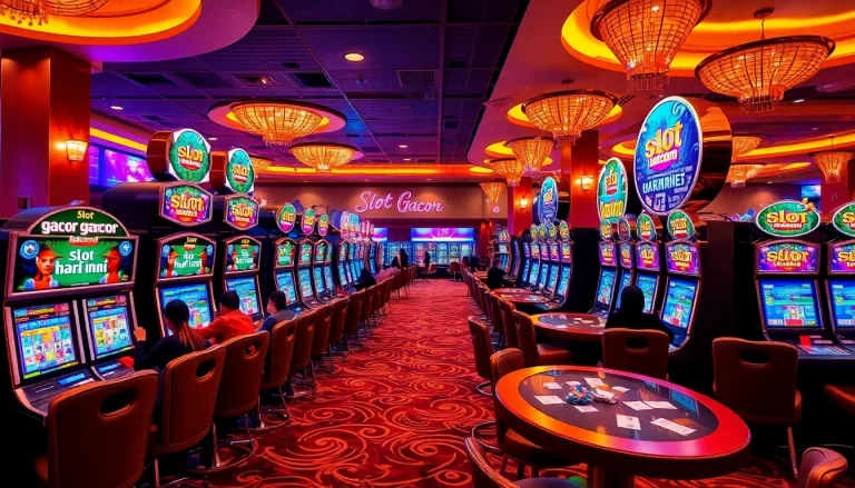 Engaged players maximizing their luck on slot gacor hari ini machines in a luxurious casino atmosphere.