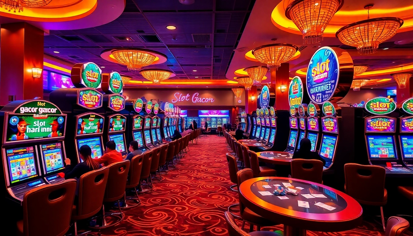 Engaged players maximizing their luck on slot gacor hari ini machines in a luxurious casino atmosphere.