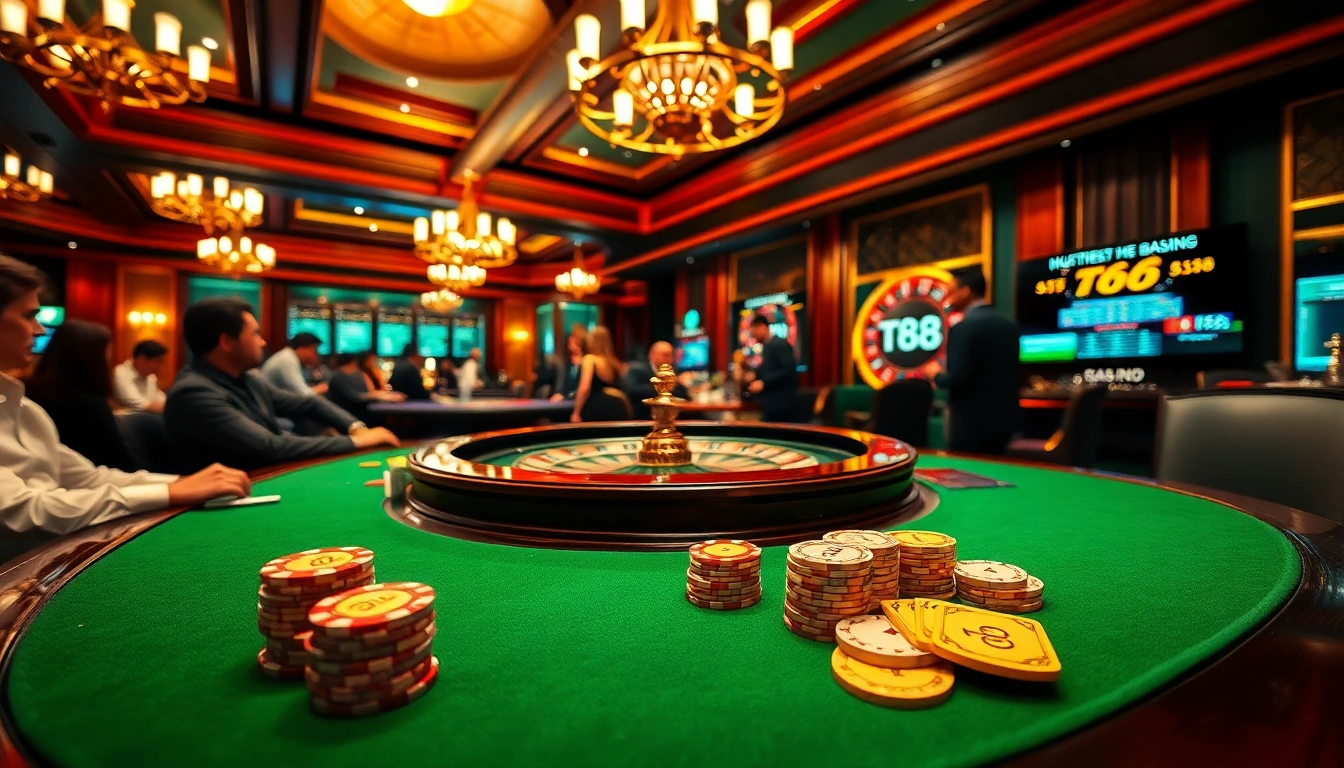 A vibrant casino scene with players enjoying poker and roulette while showcasing the brand https://tg88.sale/ among luxurious decor.