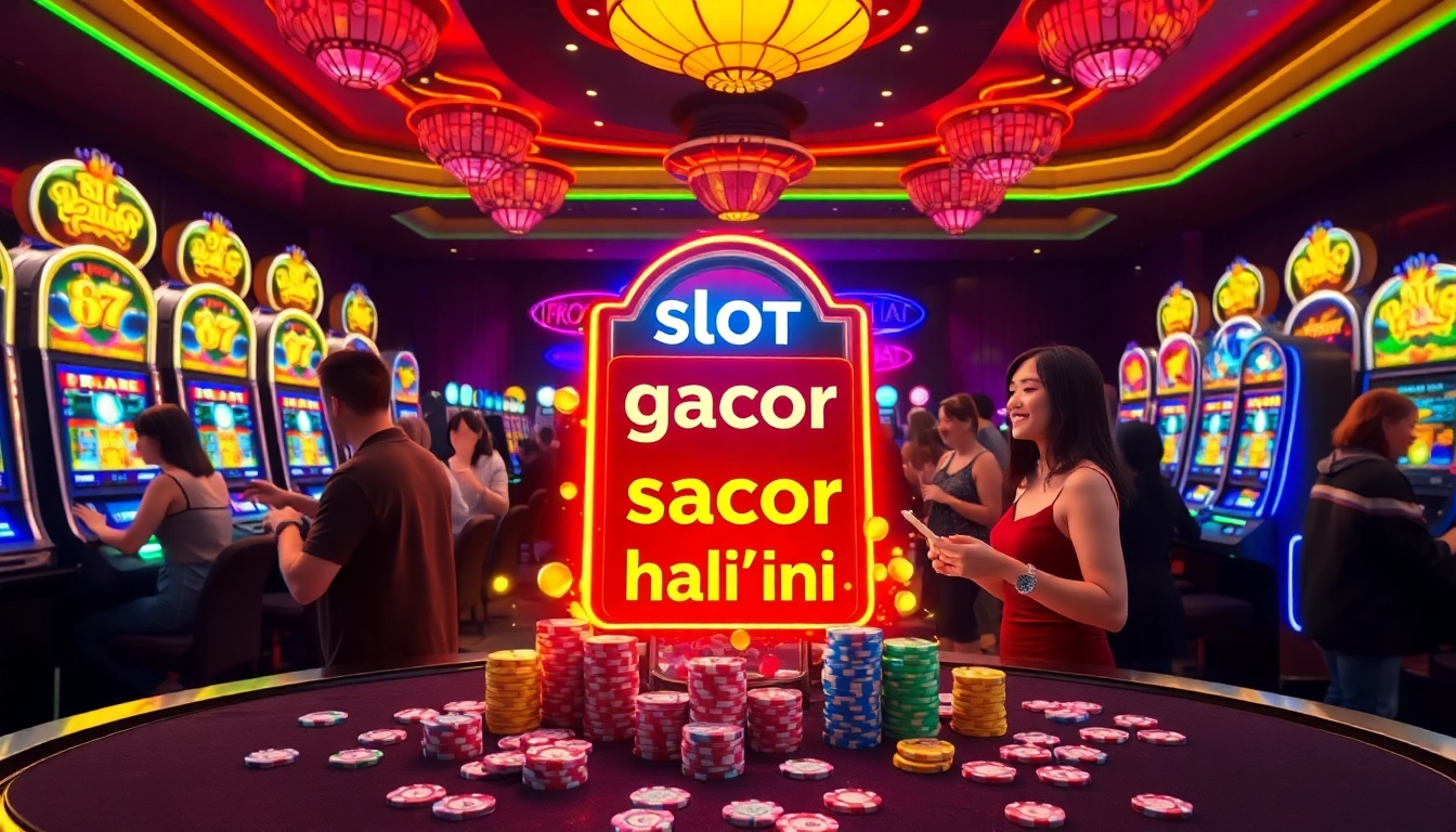 Experience the thrill of slot gacor hari ini amid vibrant casino lights and animated players at slot machines.