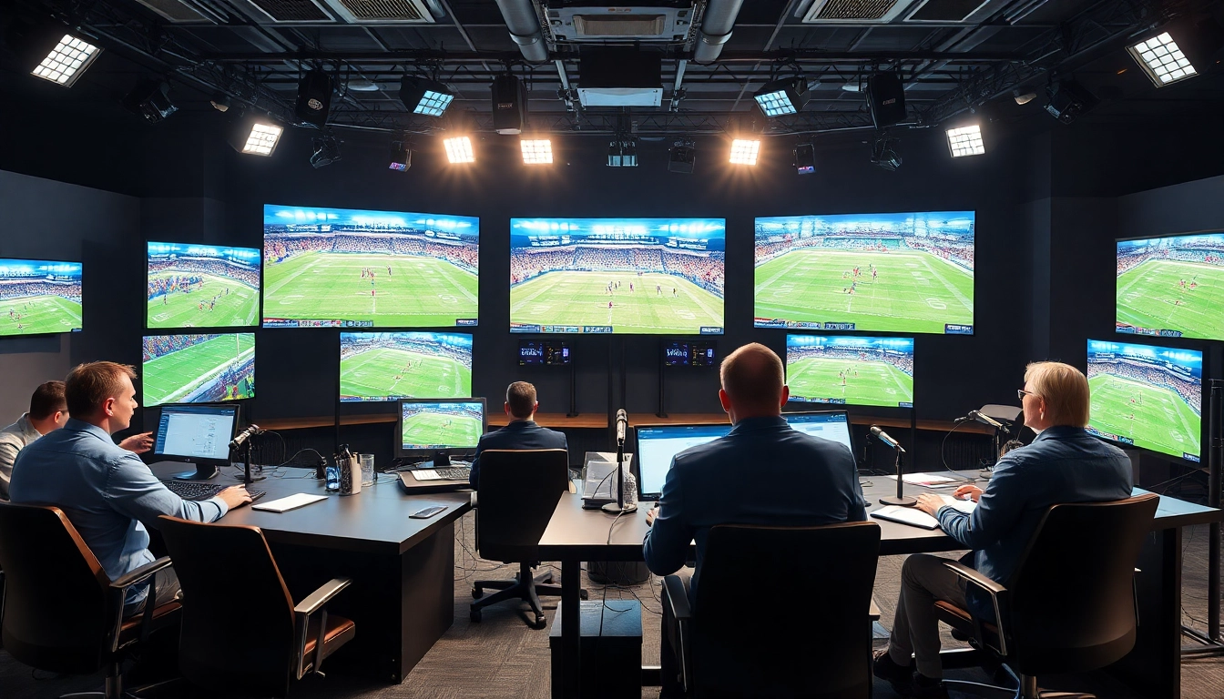 Dynamic scene of sports broadcasting featuring analysts discussing live events.