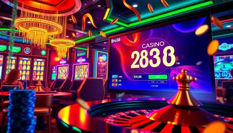 Experience the thrill of bro138 with vibrant casino visuals featuring poker chips and roulette wheels.