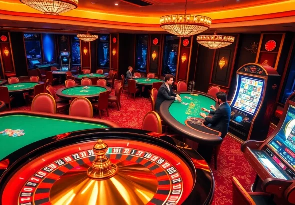 Players enjoying a thrilling experience at rr88 casino with roulette and poker tables.